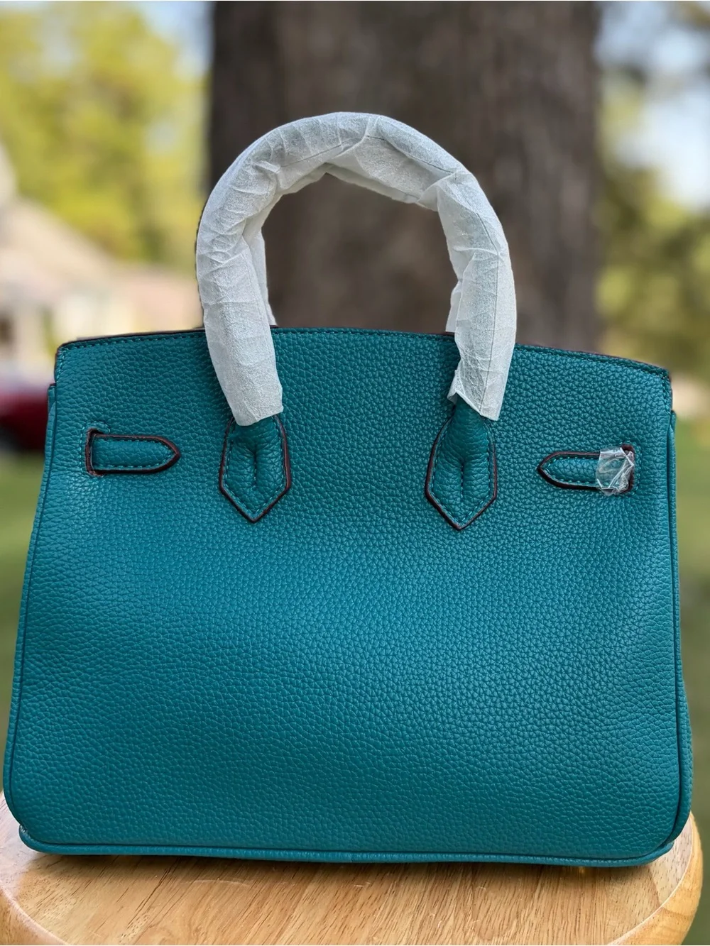 Bleu Jean Real Leather Top-Handle Bag With Gold Hardware.